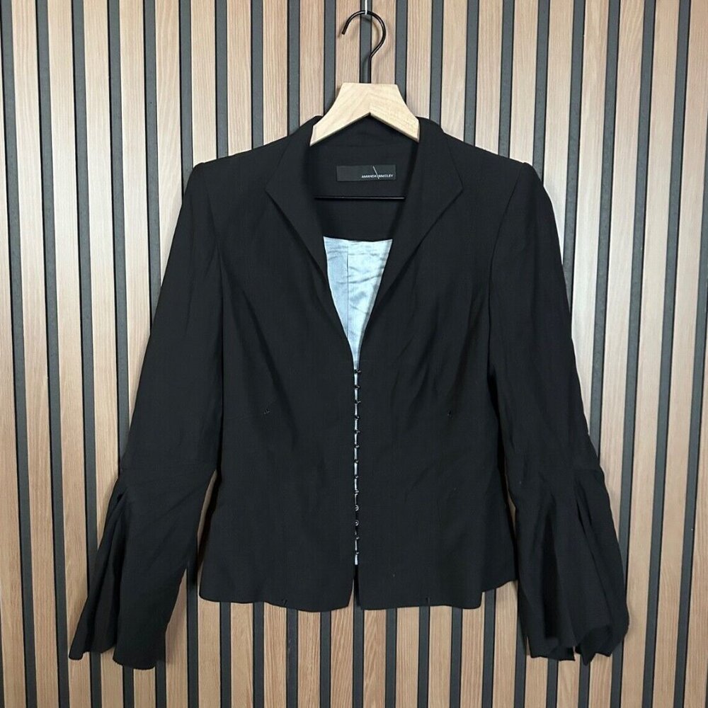 Amanda Wakeley Jacket US 8 Black Hook & Eye Wool 100% Silk Frayed Flare Sleeve